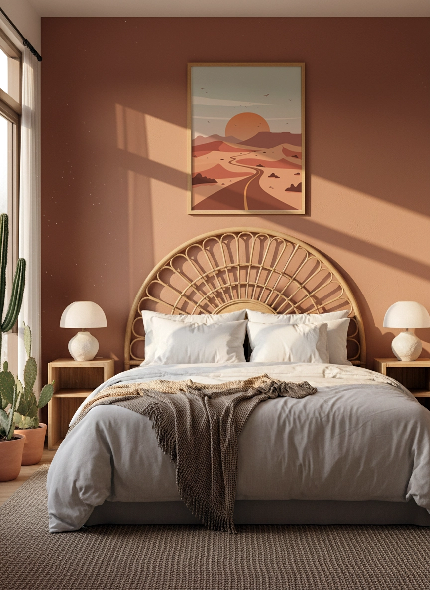 Affiche paysage désert minimaliste installée dans une chambre aux tons chauds.