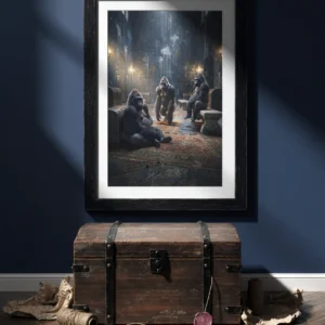 Affiche art sombre avec gorilles présentée au-dessus d’un coffre ancien.