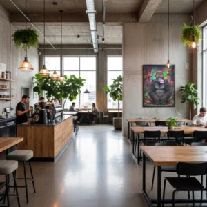 Affiche gorille street art dans un café industriel, gorille à lunettes avec bulle rose, fond graffiti multicolore au mur.