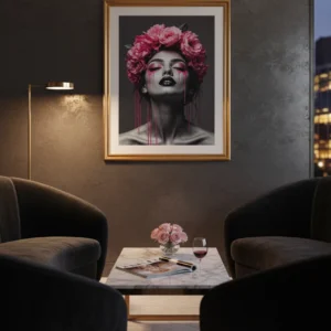 Salon lounge sombre avec table marbre et tableau cadre doré, portrait femme noir et blanc avec fleurs roses.
