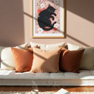 Affiche chat noir florale dans un salon chaleureux avec coussins et lumière naturelle.
