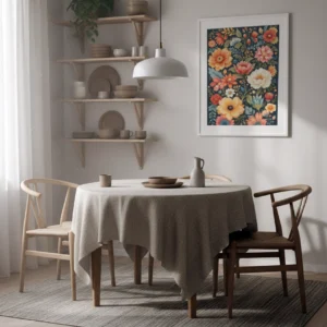 Affiche florale encadrée blanc, bouquet de fleurs colorées sur fond bleu profond, près d’une table ronde et d’étagères murales.