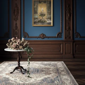 Affiche encadrée accrochée dans un salon élégant aux murs bleus