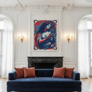 Affiche art contemporain accrochée dans un salon classique avec moulures et cheminée.