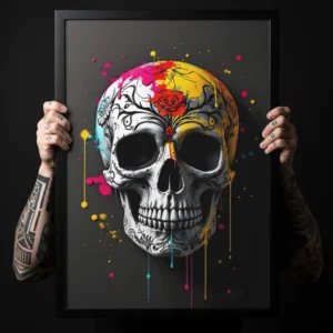 Affiche tête de mort pop art encadrée tenue à la main sur fond sombre