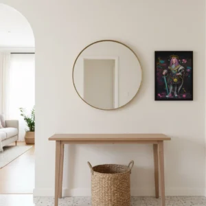 Affiche street art accrochée dans une entrée minimaliste avec miroir rond et console en bois.
