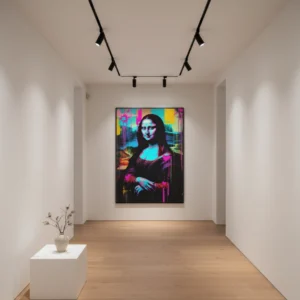 Salle de galerie blanche avec parquet clair et spots au plafond, et grand tableau Mona Lisa pop art au mur du fond.