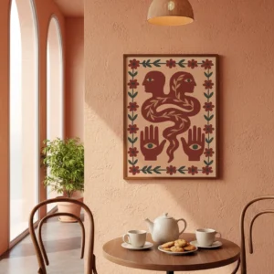 Affiche illustration folk dans un coin café, motif terracotta avec deux profils, mains avec yeux et bordure florale rouge et verte.