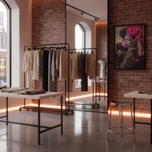 Tableau street art avec portrait de femme, bulle rose et cœur néon, accroché sur un mur en brique dans une boutique de vêtements avec portants.