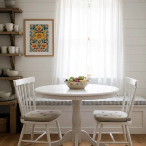 Coin repas farmhouse avec table ronde blanche, deux chaises et banquette sous fenêtre, et affiche florale folk colorée encadrée en bois sur le mur.