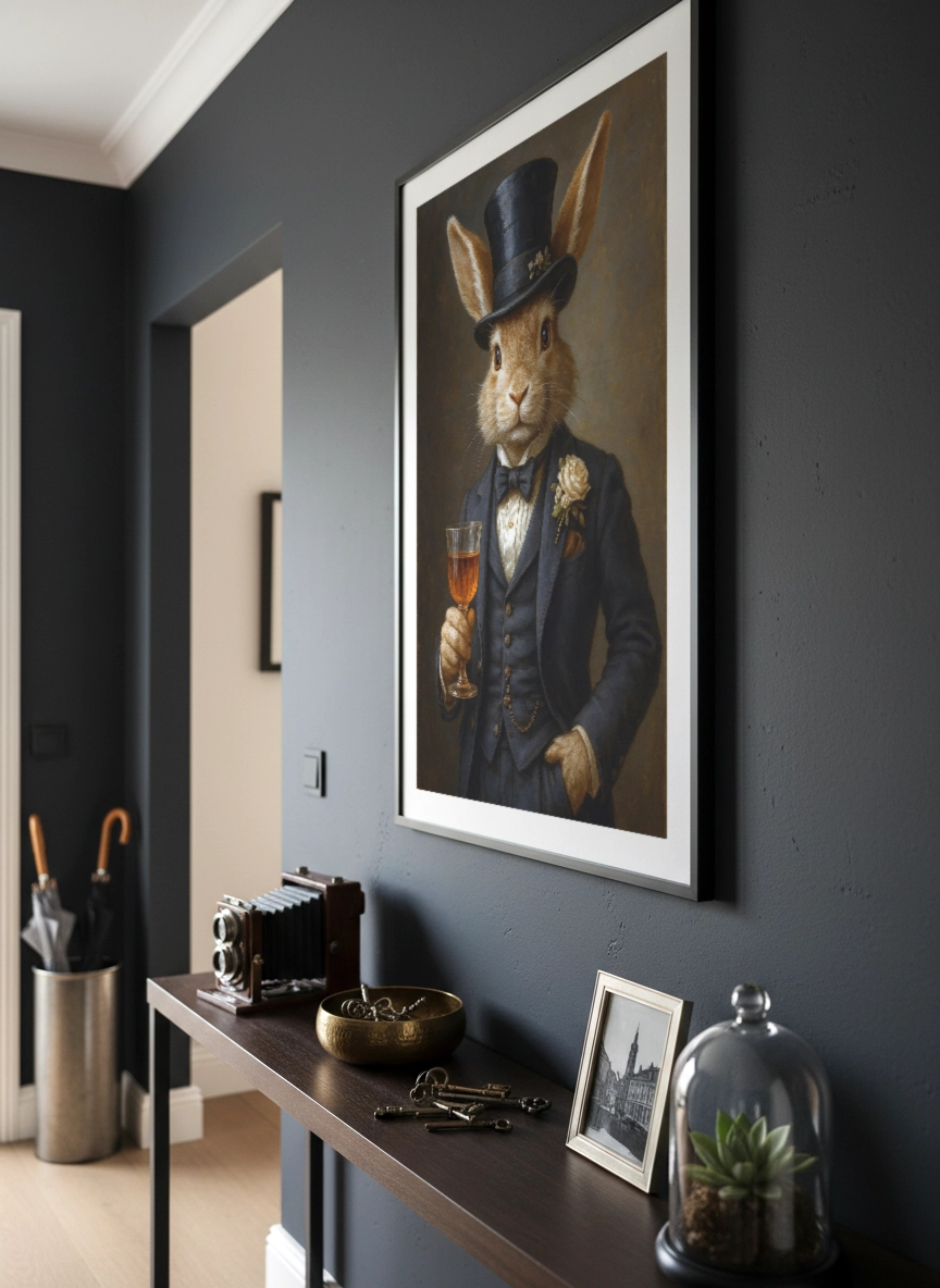 Affiche lapin vintage en costume avec haut-de-forme accrochée dans un couloir sombre.