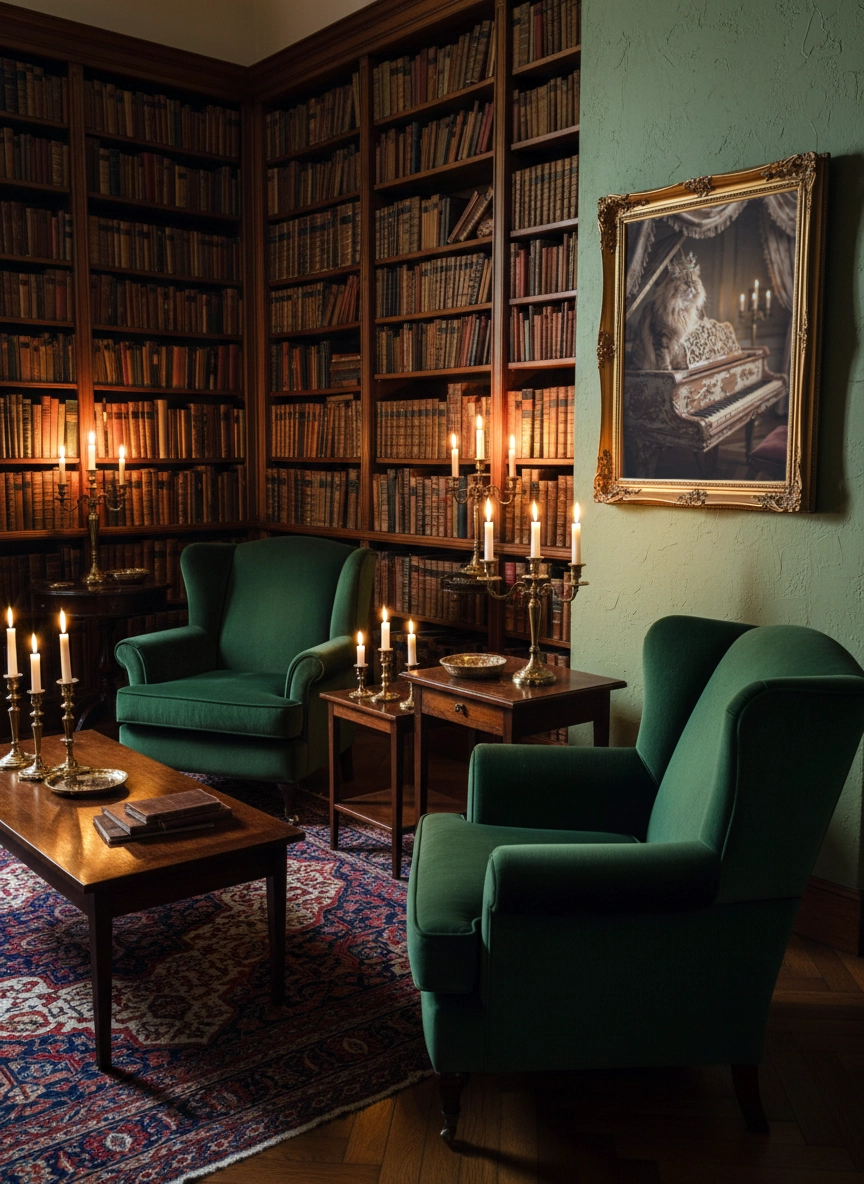 Affiche chat vintage avec chat pianiste accrochée dans une bibliothèque aux fauteuils verts.