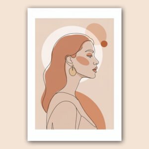 Portrait de femme minimaliste en line art, de profil, avec tons beige et terracotta sur fond clair.