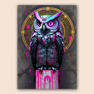 Affiche chouette cyberpunk street art pour salon ou bureau moderne
