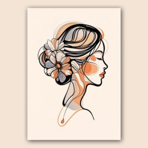 Portrait féminin en line art floral de profil, avec fleurs dans les cheveux sur fond beige aux touches terracotta et grises.