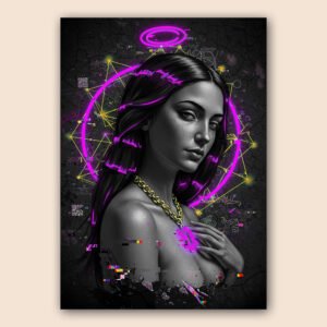 Portrait illustré de femme cyberpunk en noir et gris, avec halo néon violet, effets glitch et fond sombre texturé.