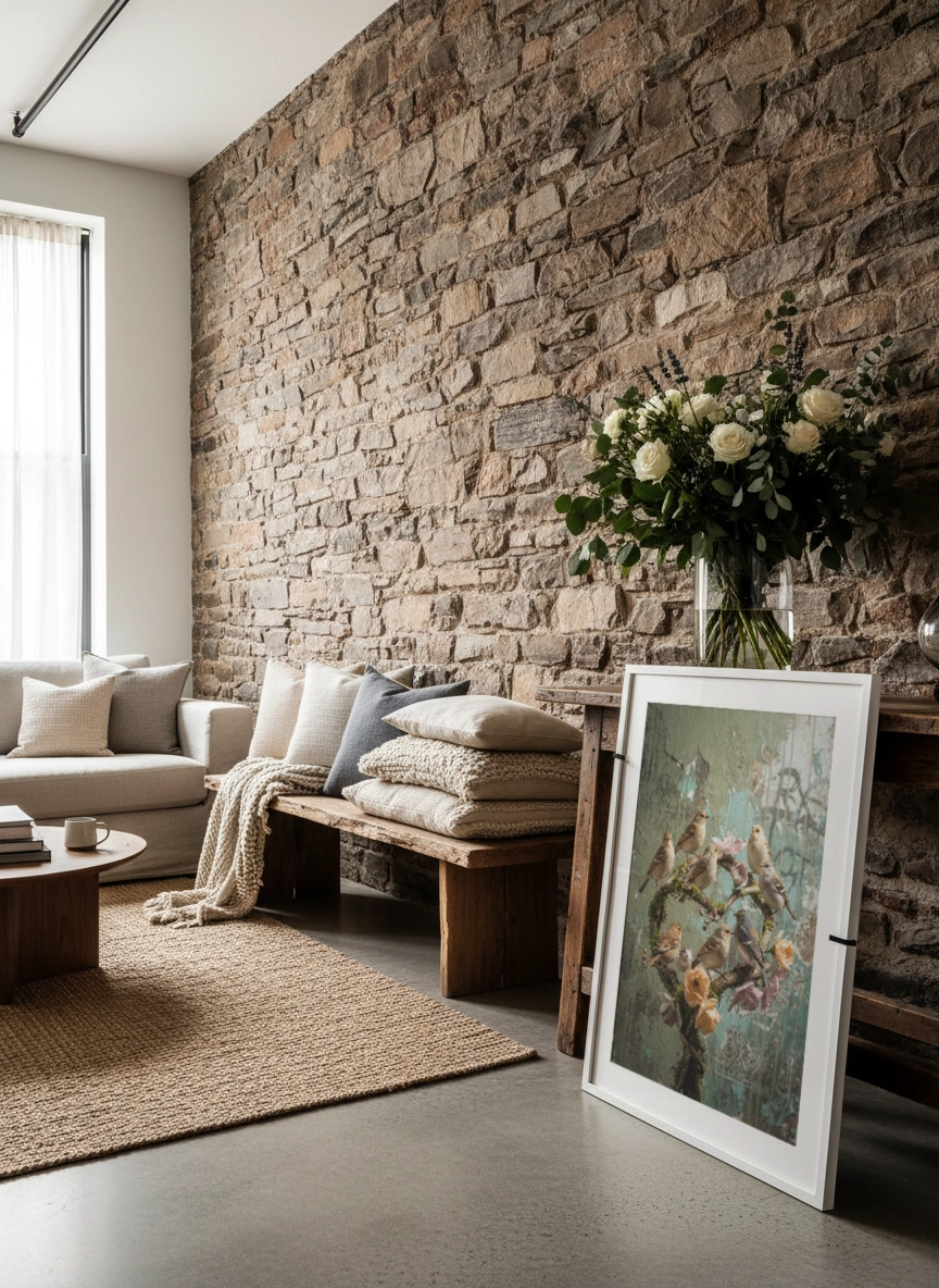 Affiche oiseaux vintage avec oiseaux perchés et fleurs, posée dans un salon au mur en pierre.