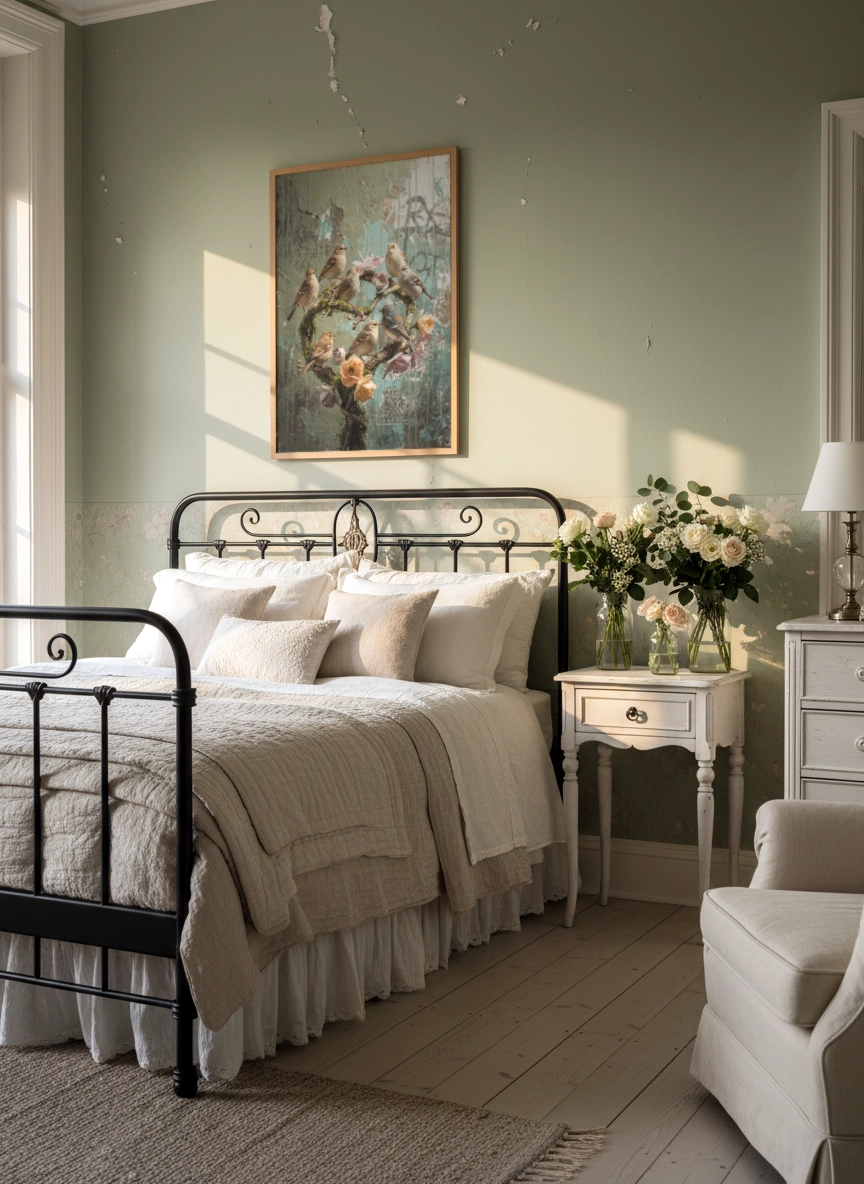 Affiche oiseaux vintage avec oiseaux et fleurs accrochée au-dessus d’un lit dans une chambre.