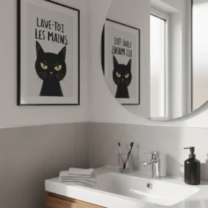 Affiche lave-toi les mains avec chat noir accrochée dans une salle de bain moderne blanche.