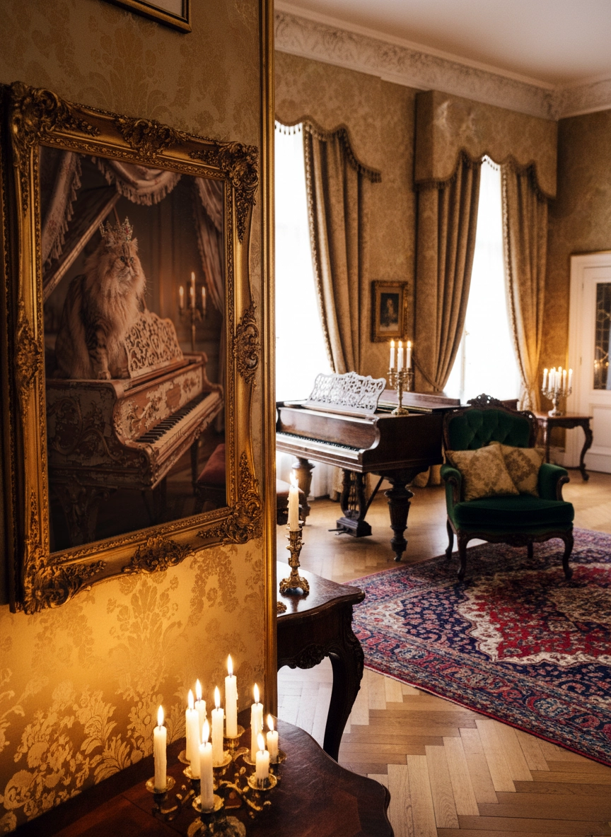 Affiche chat vintage représentant un chat pianiste dans un salon ancien avec piano.