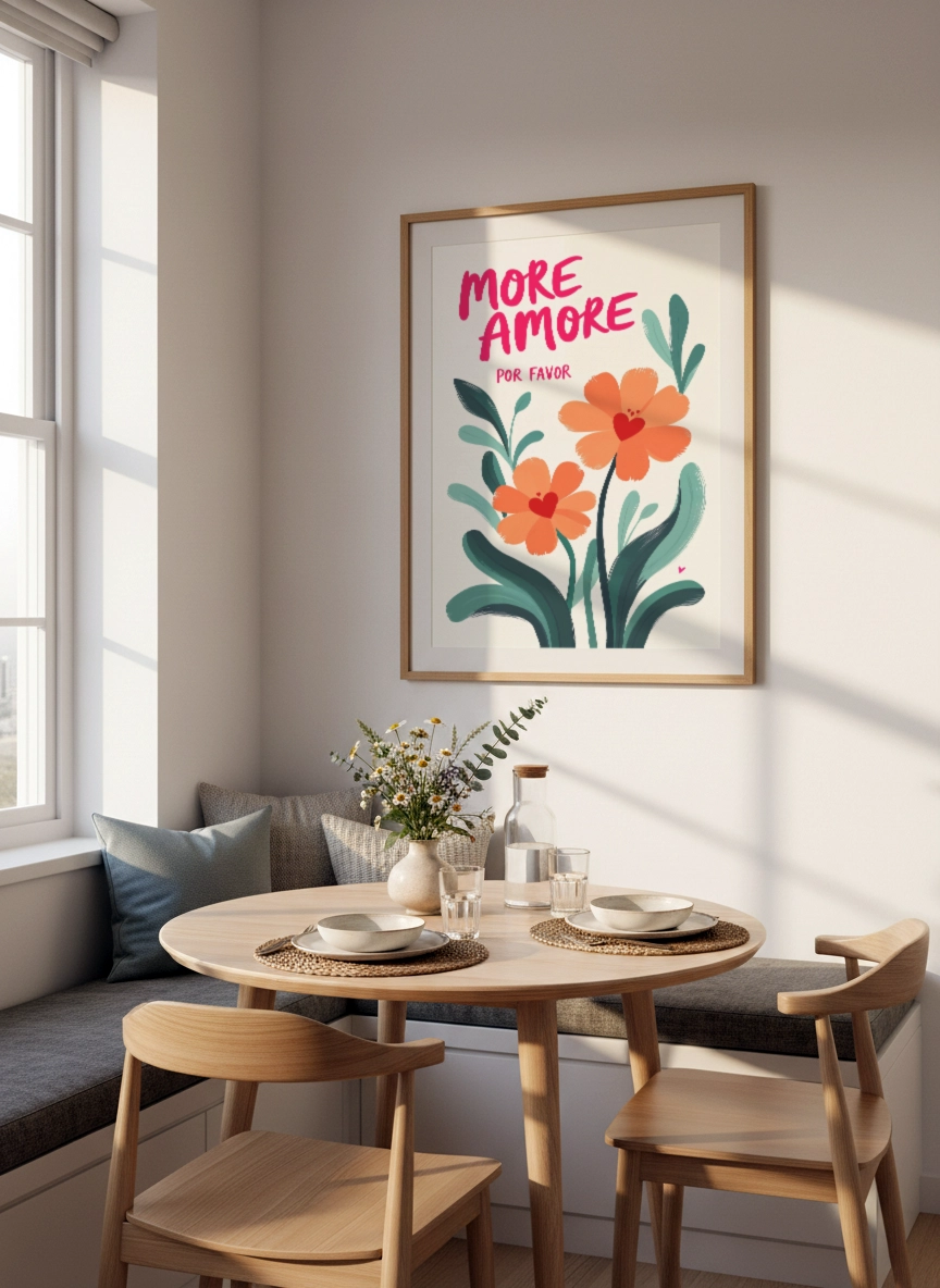 Affiche typographique fleurie More Amore avec fleurs orange et vert dans un coin repas lumineux.