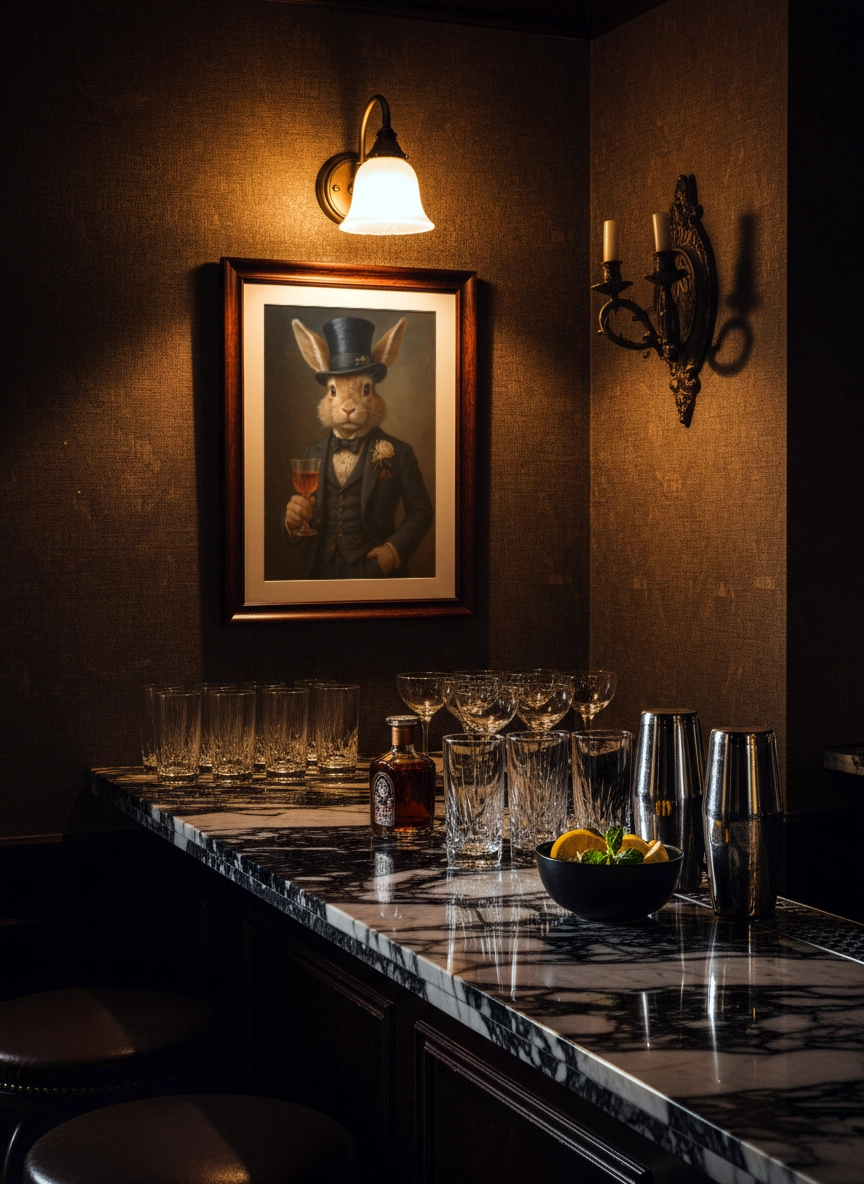 Affiche lapin vintage avec lapin en costume accrochée dans un bar intérieur.