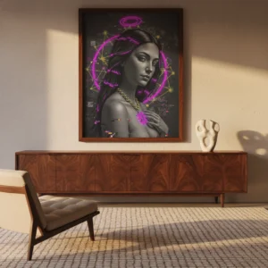 Affiche femme néon moderne au-dessus d’un meuble en bois foncé.