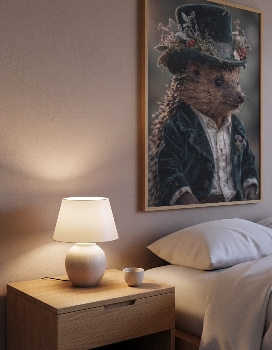 Affiche hérisson vintage au-dessus d’une table de chevet dans une chambre cosy.