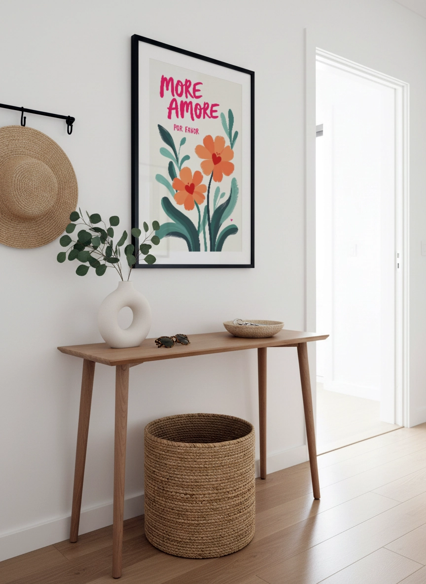 Affiche typographique fleurie More Amore accrochée dans une entrée avec console en bois.