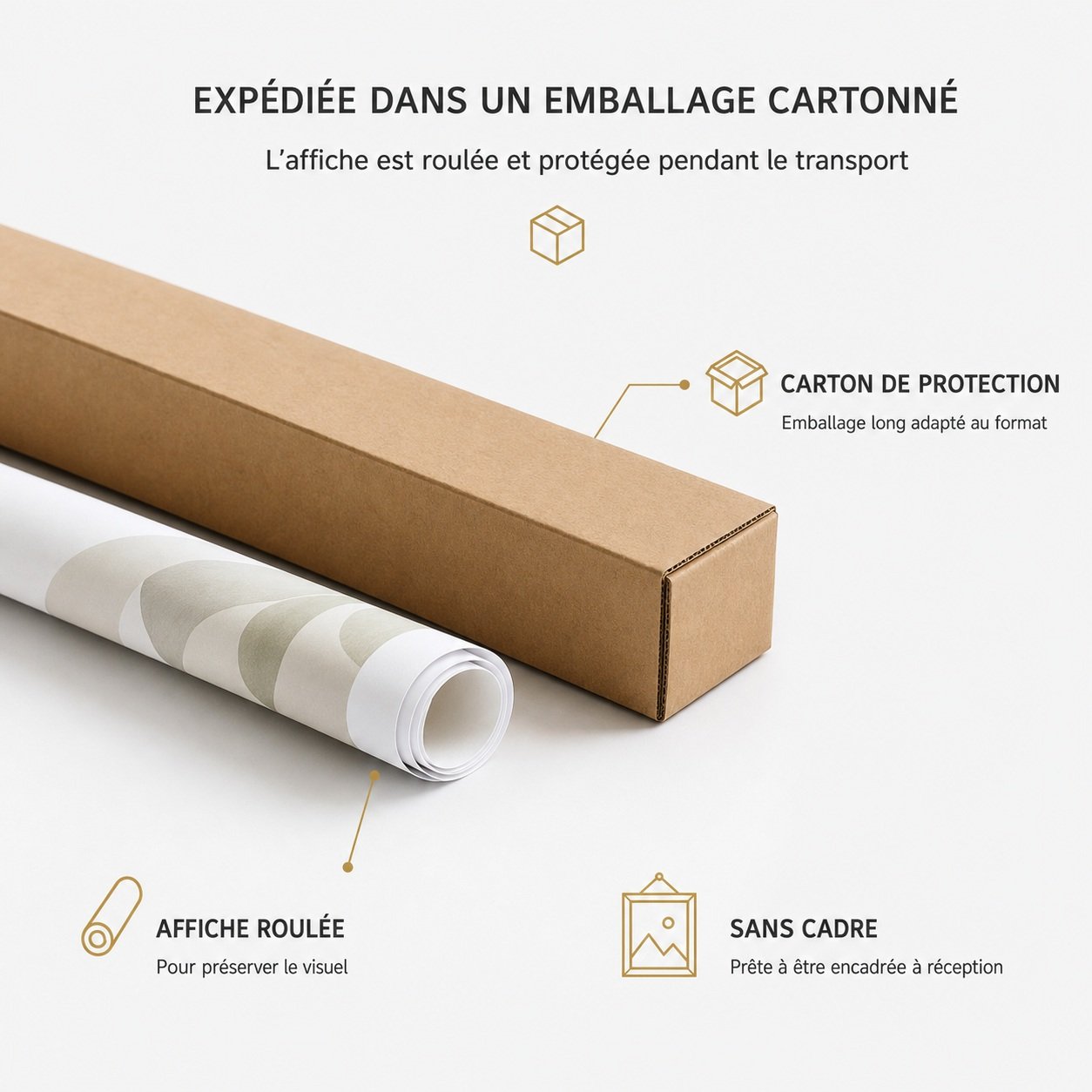 Tube rigide en carton épais avec bouchons translucides pour expédier une affiche en toute sécurité.