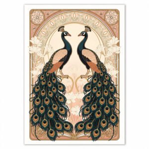 Affiche décorative avec deux paons face à face, encadrés de motifs floraux et ornementaux dans un style Art nouveau aux tons beige, rose et bleu.