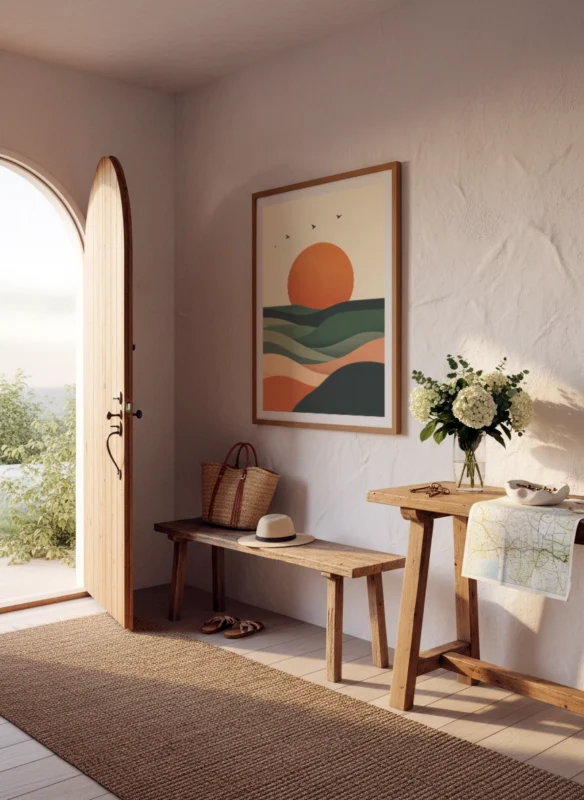 Affiche paysage abstrait avec soleil terracotta et collines stylisées dans une entrée lumineuse.