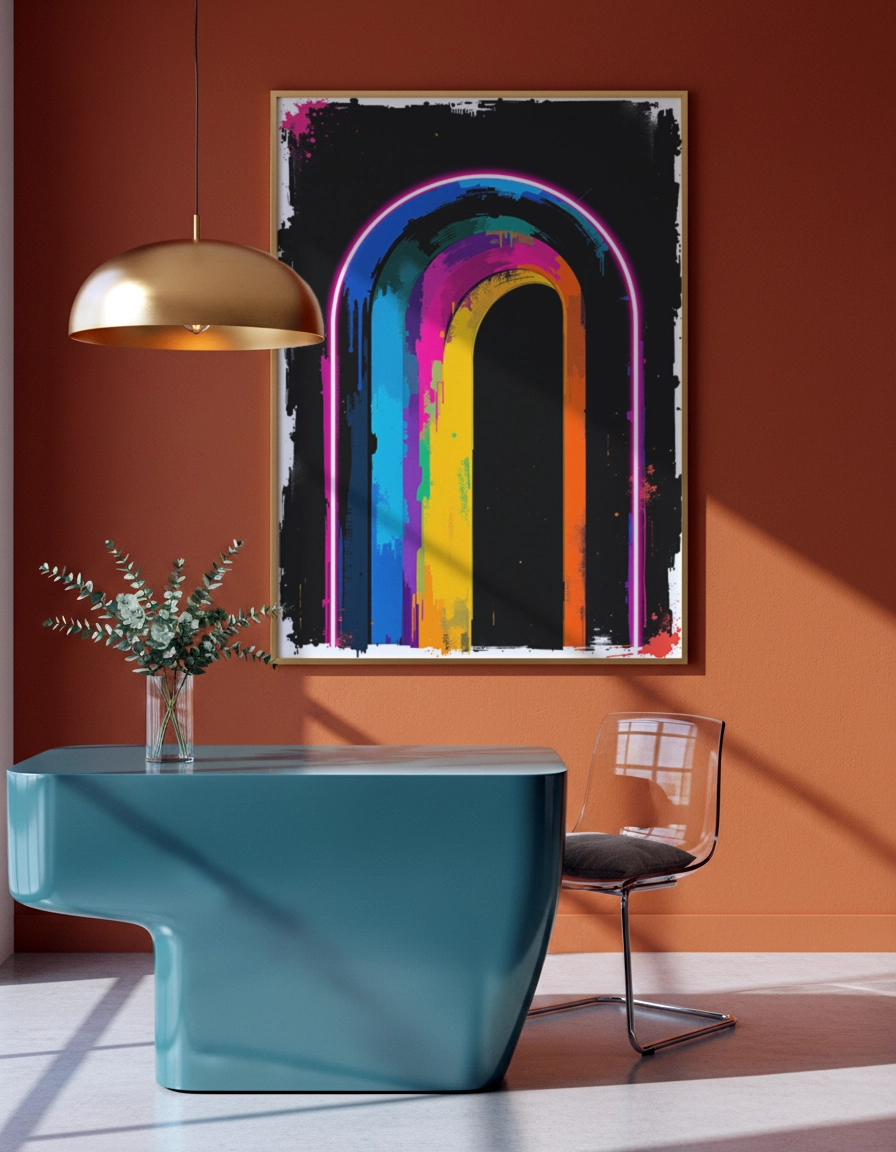 Affiche arche colorée multicolore accrochée dans un bureau design aux murs terracotta.