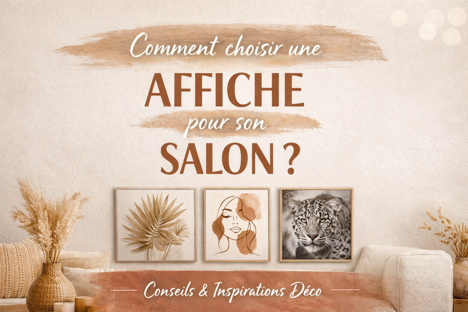 Visuel texte “Comment choisir une affiche pour son salon” avec trois affiches murales au-dessus d’un canapé beige.