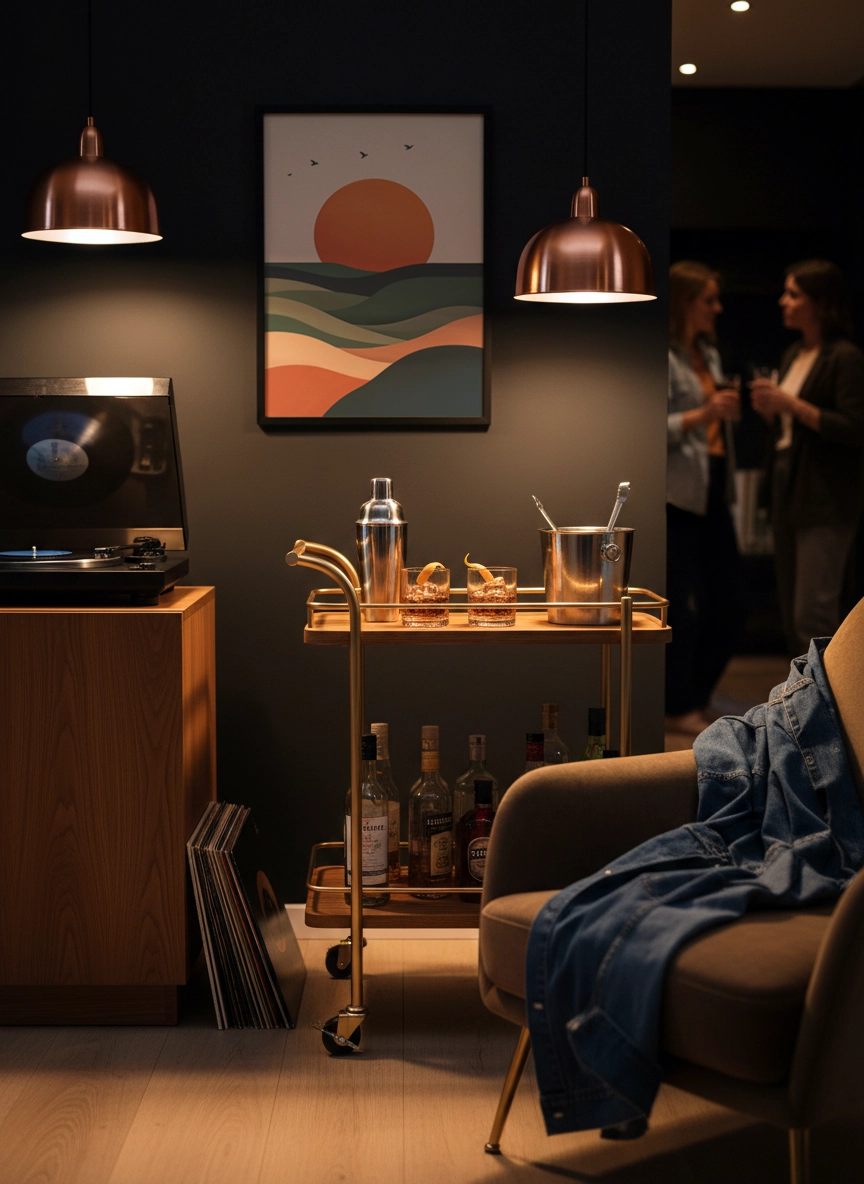 Affiche paysage abstrait avec soleil stylisé et collines colorées dans un salon à lumière tamisée.