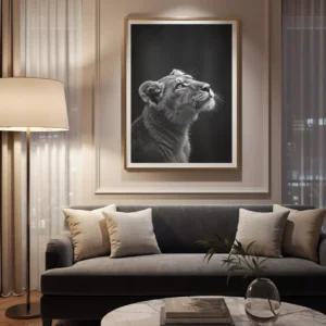 Grande affiche lion noir et blanc encadrée clair, portrait de lion sur fond noir au-dessus d’un canapé gris dans un salon.