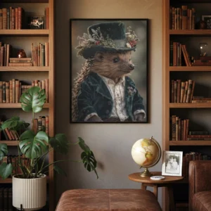 Affiche hérisson vintage accrochée entre deux bibliothèques.