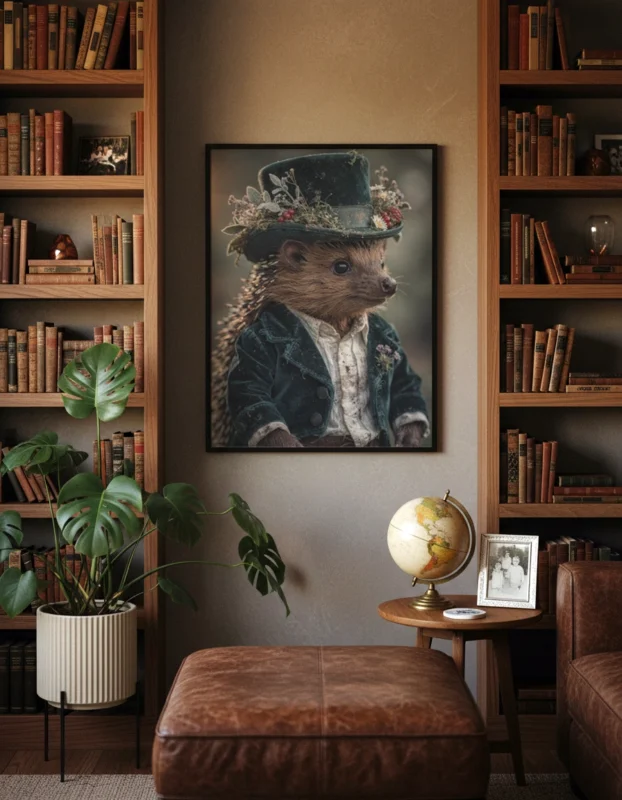 Affiche hérisson vintage accrochée entre deux bibliothèques.