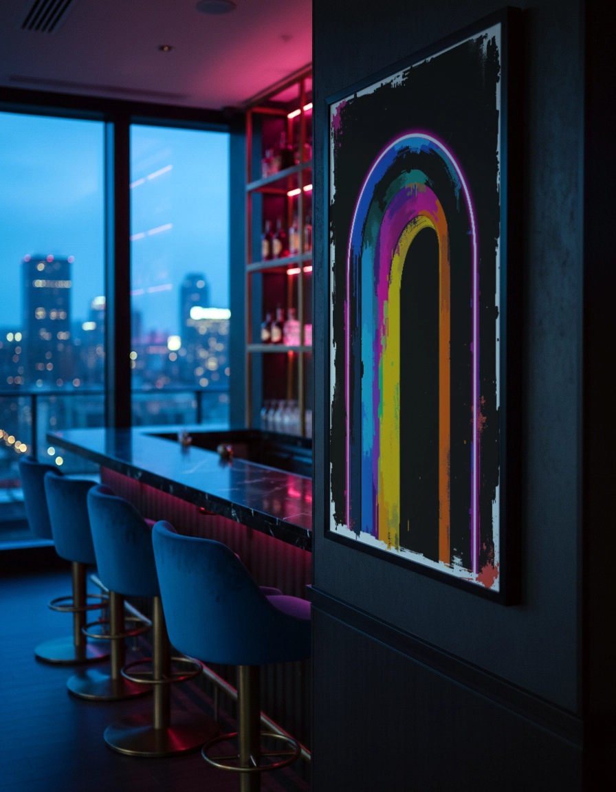 Affiche arche colorée multicolore accrochée dans un bar contemporain.