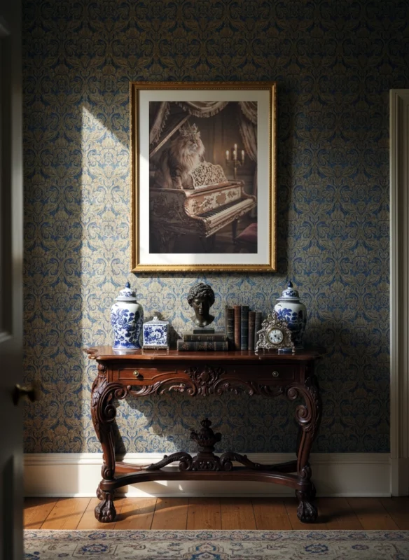 Affiche chat vintage avec chat pianiste sur un mur bleu à motifs classiques.