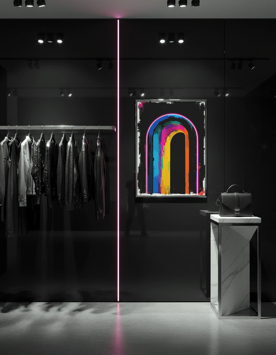 Affiche arche colorée multicolore sur fond noir dans une boutique moderne.