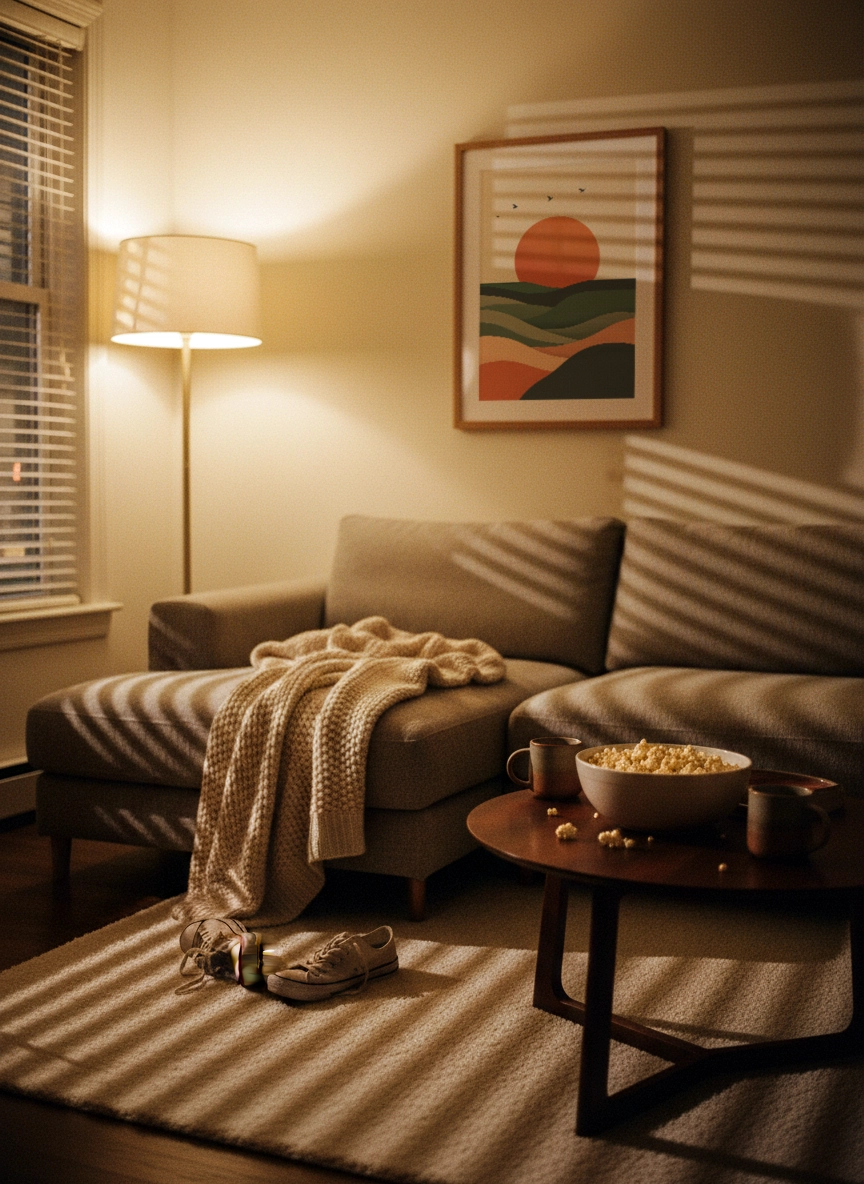 Affiche paysage abstrait avec soleil terracotta et collines stylisées dans un salon chaleureux.