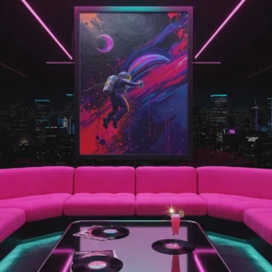 Affiche astronaute futuriste dans un salon moderne avec vue de nuit sur la ville.