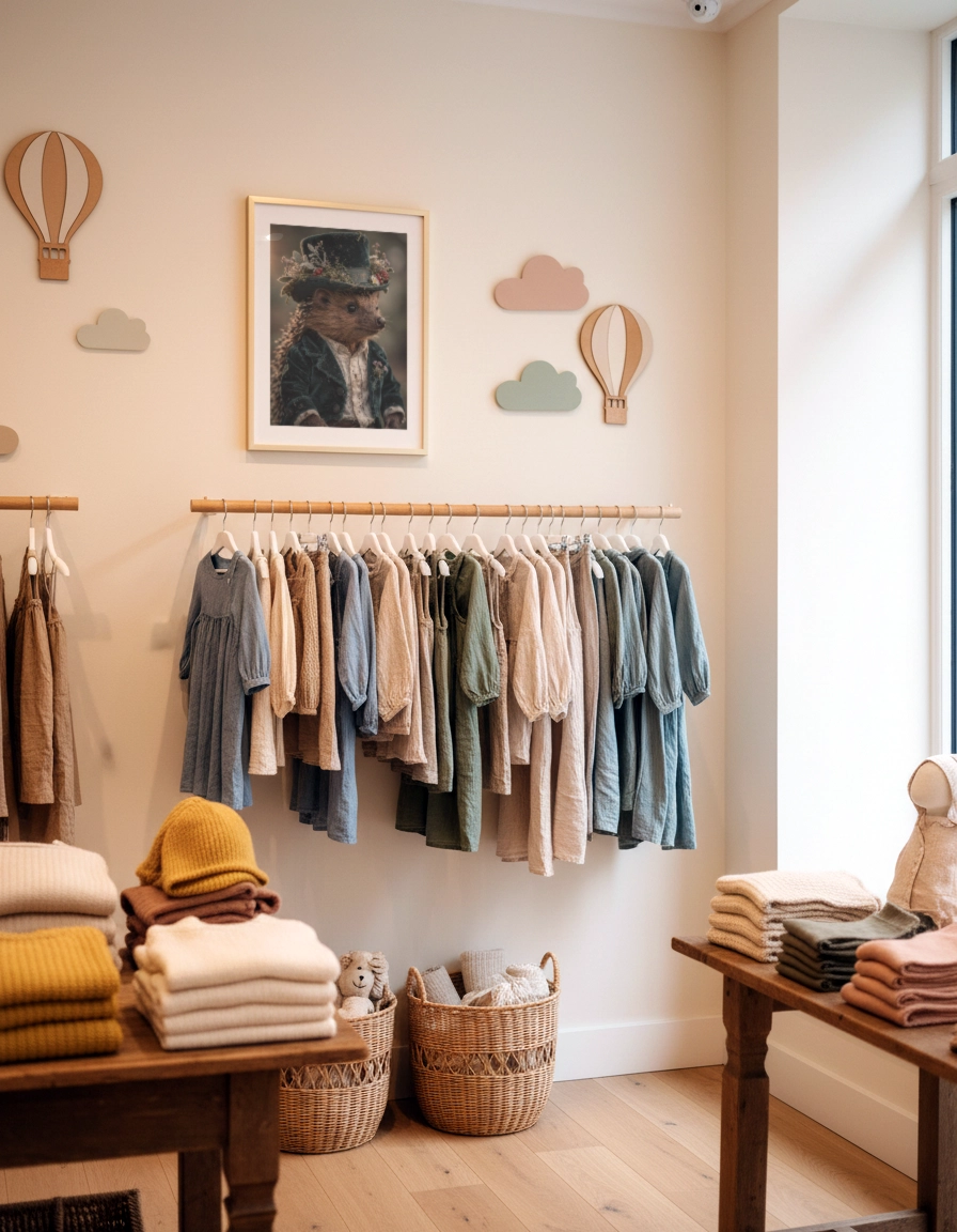 Affiche hérisson vintage dans une boutique de vêtements enfant.