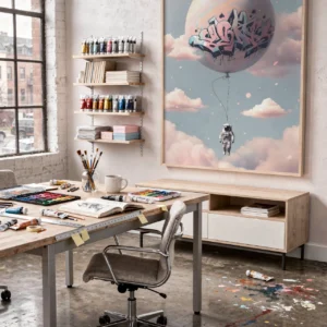 Poster astronaute ballon graffiti accroché dans un atelier artistique.