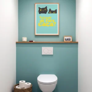 Affiche humoristique chat avec texte drôle dans des WC au mur vert.
