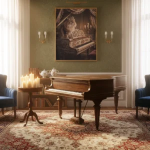Affiche chat vintage avec chat pianiste accrochée au-dessus d’un piano à queue dans un salon.