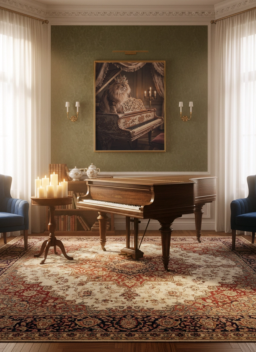 Affiche chat vintage avec chat pianiste accrochée au-dessus d’un piano à queue dans un salon.