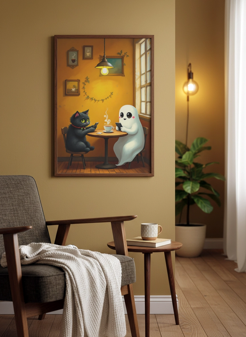 Affiche illustration chat fantôme dans un salon cosy avec fauteuil.
