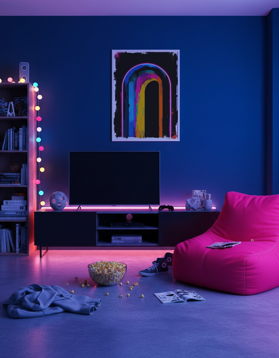 Affiche arche colorée multicolore accrochée dans un salon multimédia moderne.